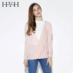 HYH HAOYIHUI New Fashion Chic Loose Women T-shirt Sexy Deep V-neck Pullover Top Tees Casual Pleated Wrap Tops Long Sleeve Tshirt