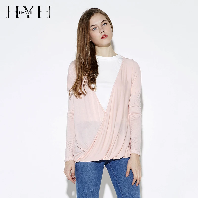 HYH HAOYIHUI New Fashion Chic Loose Women T-shirt Sexy Deep V-neck Pullover Top Tees Casual Pleated Wrap Tops Long Sleeve Tshirt | Женская