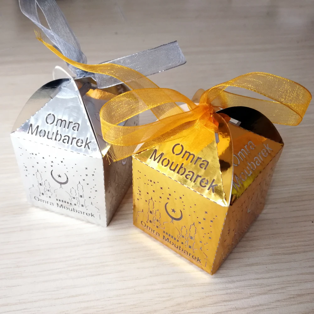 

50 Pieces 5*5*8cm Mirror Gold Silver Omra Moubarek Candy Box For Eid Mubarak Decoration Candy Box