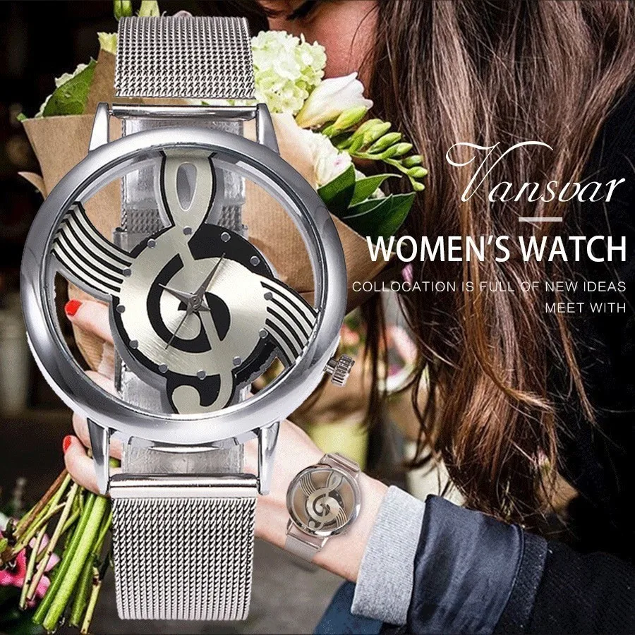 

Vansvar Brand Women Silver Mesh Watches Fashion Hollow Music Note Notation Watch Stainless Steel Quartz Wristwatches Clock