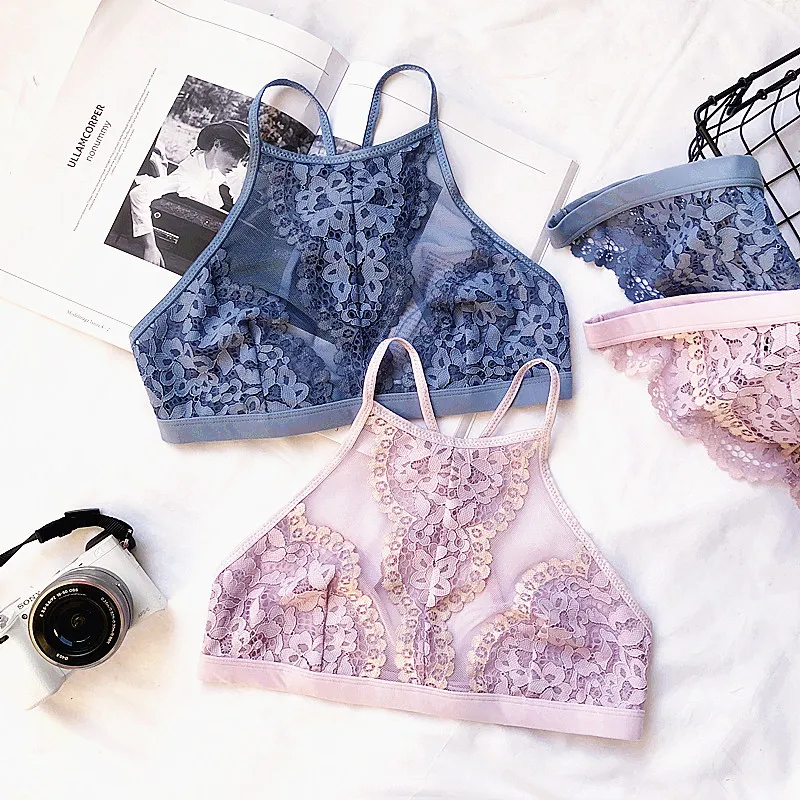 Floral lace halter sexy women underwear suits sleep bra set Big Small