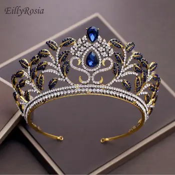 

Blue Crystals Rhinestones Princess Crown for Bride Plants Elegant Bridal Headbands Gold Metal Sparkly Wedding Tiaras diadema