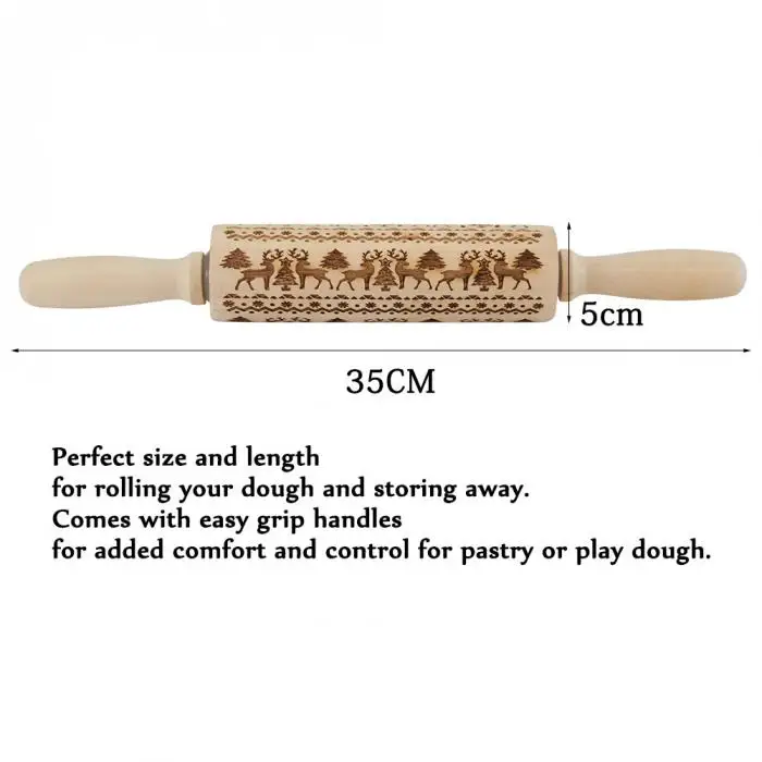 New Christmas Rolling Pin Engraved Carved Wood Embossed Rolling Pin Kitchen Tool NE