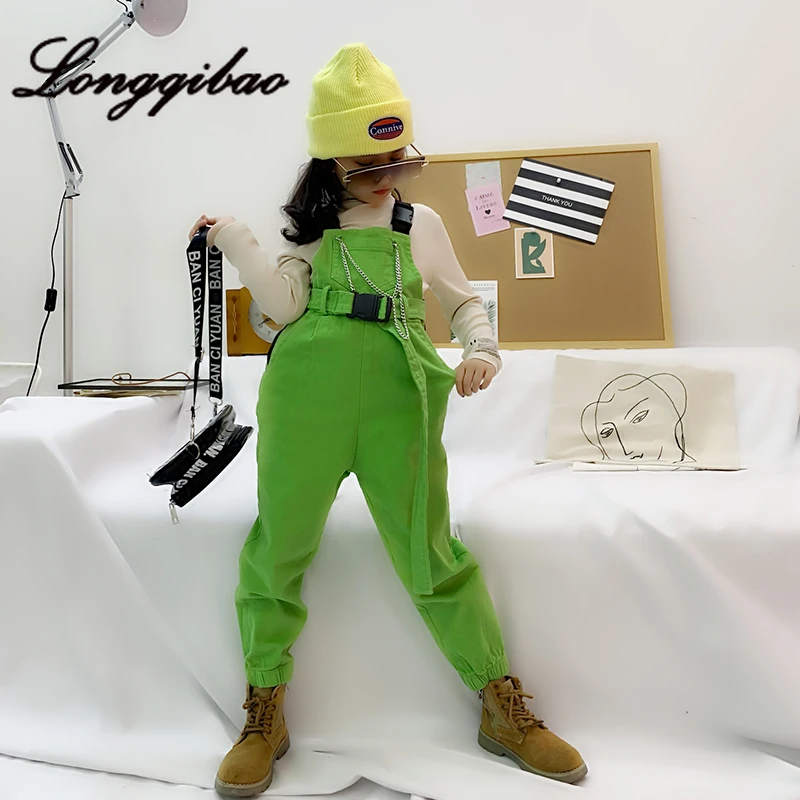 

Girls Korean version of the green bib pocket chain tooling trousers 2019 early autumn new slim slimming pants tide
