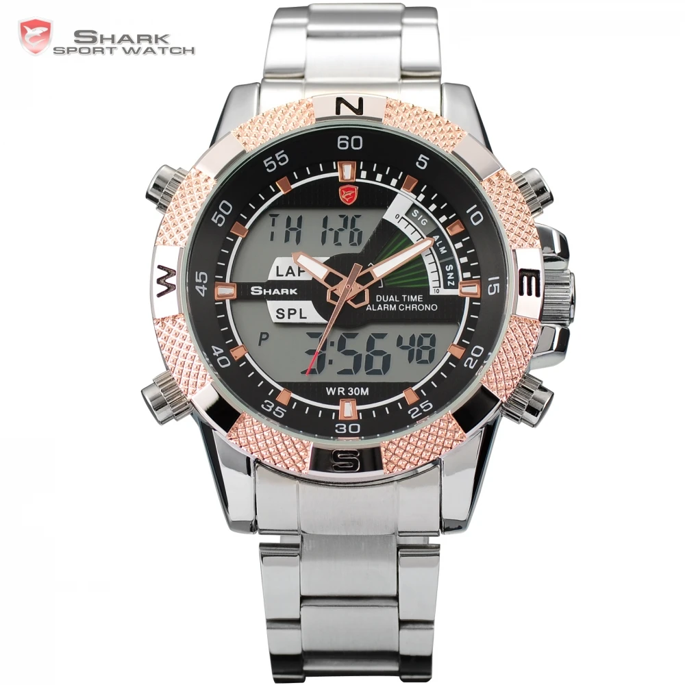 

Steel Porbeagle SHARK Sport Watch Dual Time LCD Stopwatch Steel Band Strap Golden Edition Quartz Men Timepiece + Gift Box /SH051