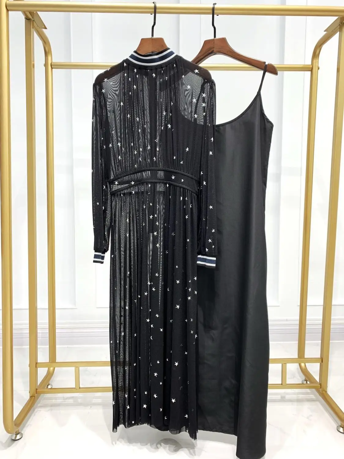 

2019 New Women's Fashion Long Sleeve Stand-Up Print Two-Piece Dress 0622