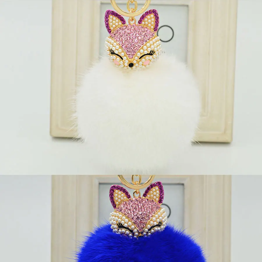 Wholesale Fur PomPom Key chains Bag Real Fox Fur Keychains Fashion Key ring Women Bag Accessories Pink Key Chain