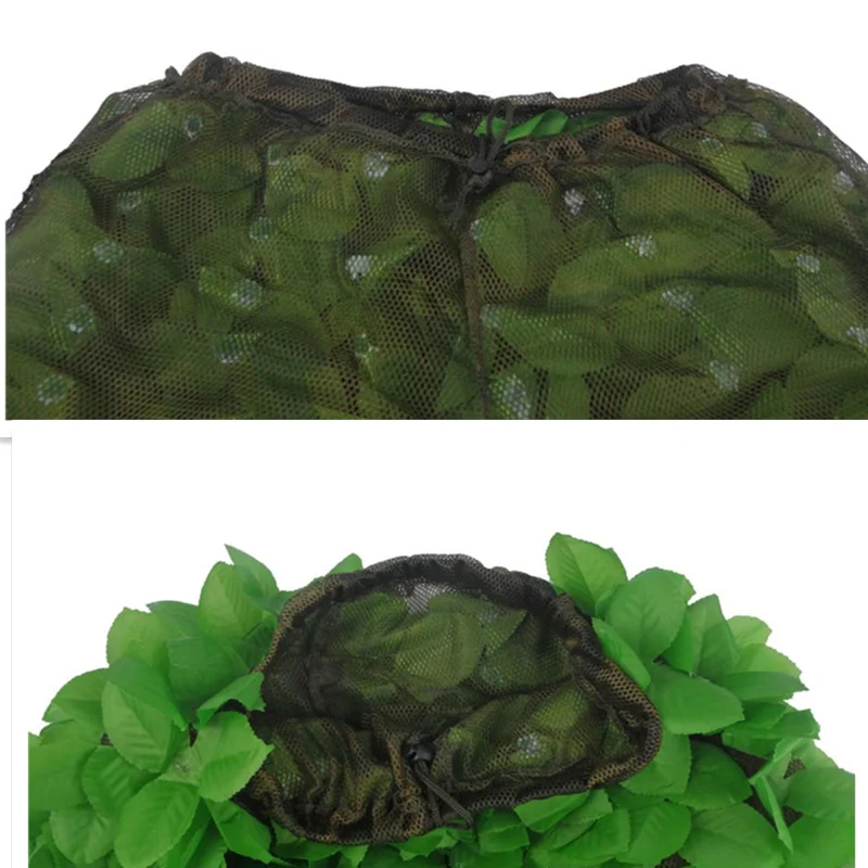 Оставить военный камуфляж Ghillie Костюмы дышащая сетка + зеленые листья
