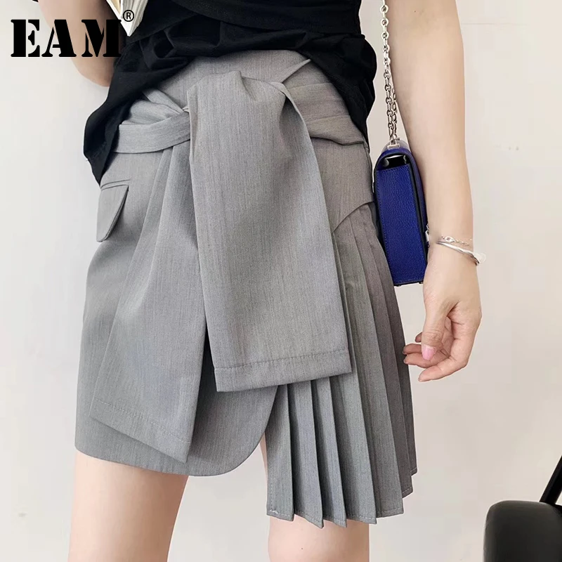 

[EAM] 2019 New Spring Summer High Elastic Waist Gray Pleated Split Joint Bandage Half-body Skirt Women Fashion Tide JU380