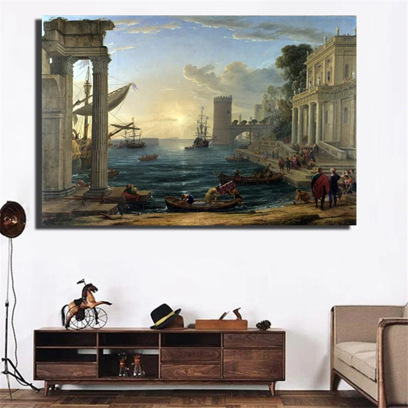 

Seaport with the Embarkation of the Queen of Sheba Art Canvas-Sheba Visit Solomon Painting For Living Room Wall By Artist Claude