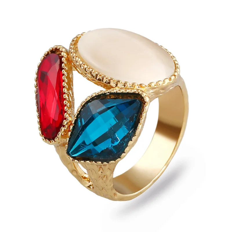 

Statement Gold Color Chunky Light Blue Crystal Red Square Stone Wedding Rings for Women Men Fashion Party Jewelry