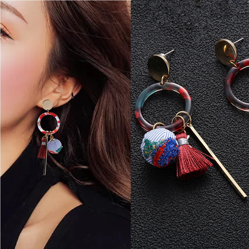 

RUOYE New Classic Women Drop Earring Creative Ceramic Tassel Embroidery Ball Earring For Women Brand Design Jewelry