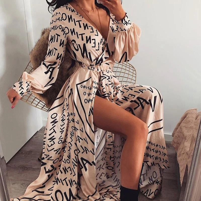 

Women's Casual Letter Print V-Neck Dress Summer 2019 New Popular Sexy Ladies Thigh Slit Maxi Long Dress Vestido Elegante