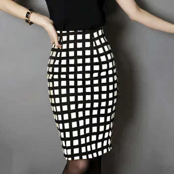 

New OL Fashion Plaid Skirts Elegant Women High Waist Knee length Pencil Skirts