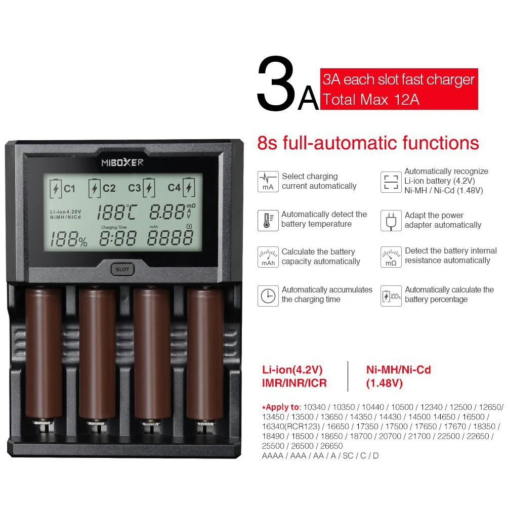 Зарядное устройство Miboxer 4 слота 800 мА 18650 · ч 3 А ЖК экран для литий ионных/Ni MH/Ni Cd