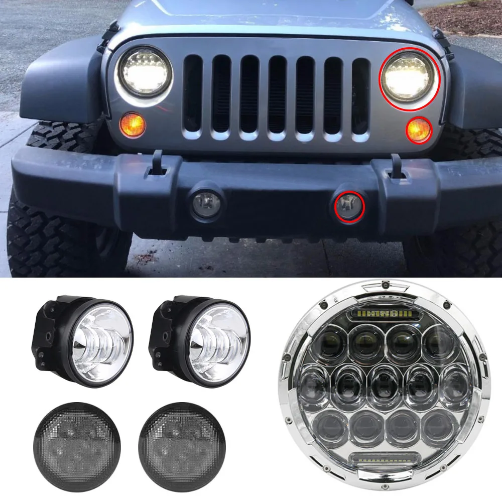 For Jeep Wrangler JK 7 Inch 75W LED Headlights High Low Beam Angel Eye DRL Headlamp Bracket Ring With 4 Fog Passing Light  (3)
