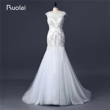 Real Made Scoop Mermaid Wedding Dresses Sexy Bridal Gown Tulle Appliques Beaded Vestido de Noiva Wedding Gown 2017 FW80