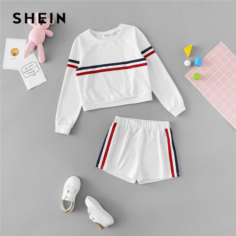 SHEIN Kiddie Girls White Striped Side Casual Top And Shorts Two Piece Set Clothes Sets 2019 Spring Long Sleeve Kids Suit Set SHEIN Kiddie Girls White Striped Side Casual Top And Shorts Two Piece Set Clothes Sets 2019 Spring Long Sleeve Kids Suit Set