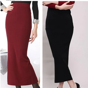 

Women's high waist pockets hip stretch knit skirts wool Slim Hip pencil skirt Plus Size 2015 autumn winter Hot Sale