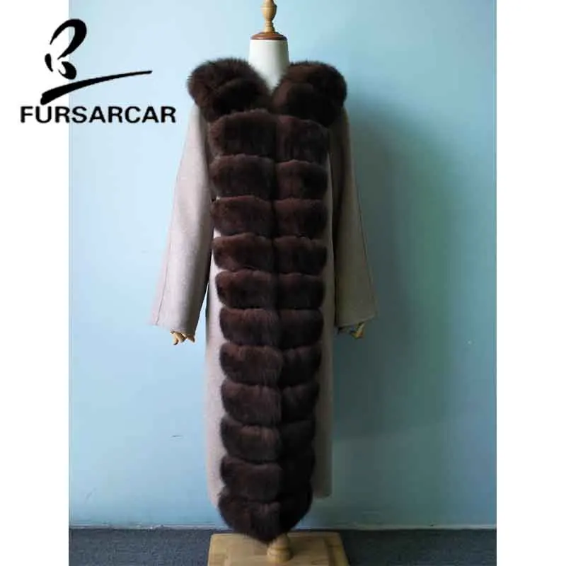 FURSARCAR New Fashion Real Fur Coat Women With Long Fox Fur Collar Winter Warm Luxury Wool Skin Fur Jacket 110 Cm Long Fur Coat