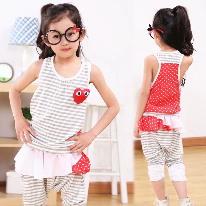 New 2014 Summer children's clothing set girls clothes sets stripe
