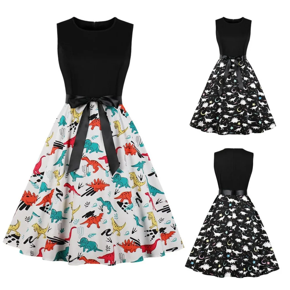 

Fashion Women Animal Printing O-Neck Bandage Evening Party Sleeveless Casual Vintage Summer Dress Vestidos
