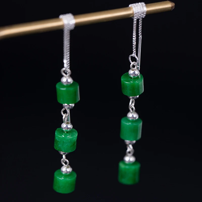 

INALIS Creative Unique Design S925 Sterling Silver Cylinder Emerald Jade Fashion Drop Dangle Earring Jewelry