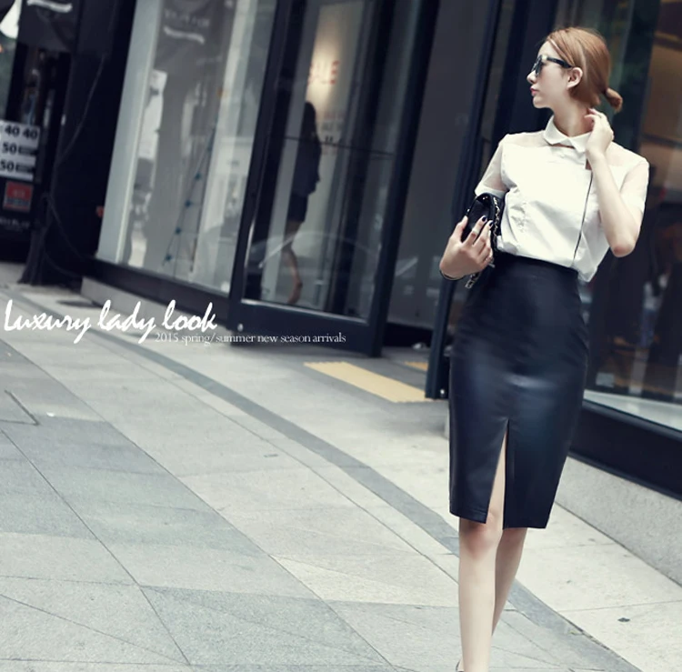 Сексуальная облегающая черная юбка-карандаш из искусственной кожи, модная юбка размера плюс XXS-9XL, женская повседневная юбка миди с разрезом спереди и сзади