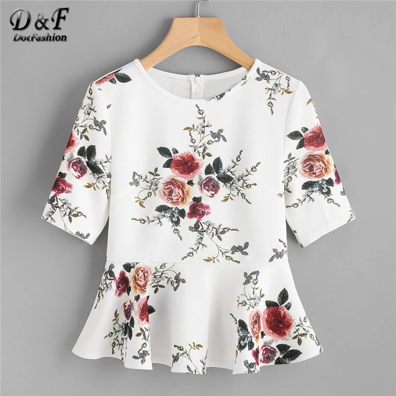 Dotfashion Zipper Back Ruffle Hem Peplum Top 2018 New Round Neck Floral Zipper Women Blouse Multicolor Short Sleeve Blouse Dotfashion Zipper Back Ruffle Hem Peplum Top 2018 New Round Neck Floral Zipper Women Blouse Multicolor Short Sleeve Blouse