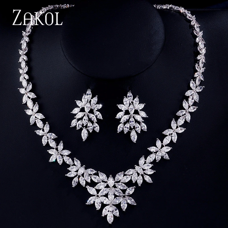 

ZAKOL Elegant Bridal Wedding Jewelry Sets for Women Cubic Zirconia Leaf Earrings Necklace Sets Dinner Dress FSSP166