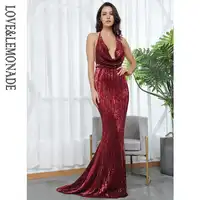 Liebe & Limonade V-ausschnitt Öffnen Elastic Pailletten Lange Kleid LM81462WINERED