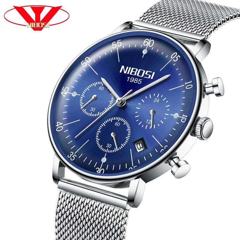 Skup NIBOSI męskie zegarki Luxury Fashion Casual Dress wodoodporne wojskowe zegarki kwarcowe mężczyźni pasek ze stali nierdzewnej srebrny zegarek