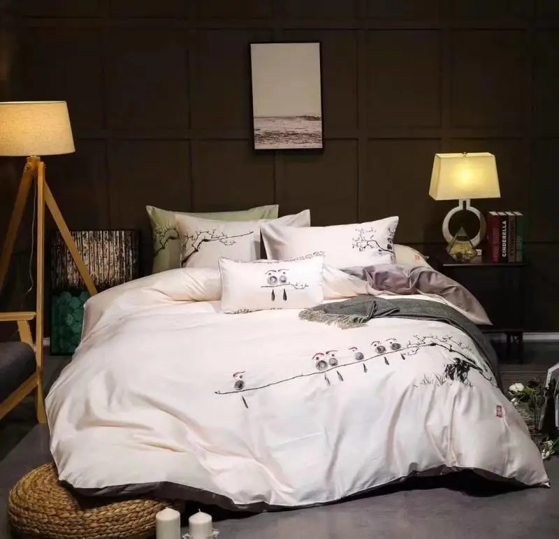 

luxury Tribute silk bedding set queen king size 60S bed set 4pcs 100% cotton duvet cover bed sheet sets Embroidered white grey