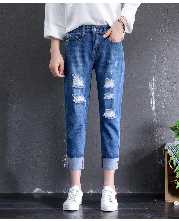 

Large Size Boyfriend Jeans for women Fat Ripped Cuffs mom Jeans Femme Large Size Loose Straight Denim Nine Pants 4Xl 5Xl