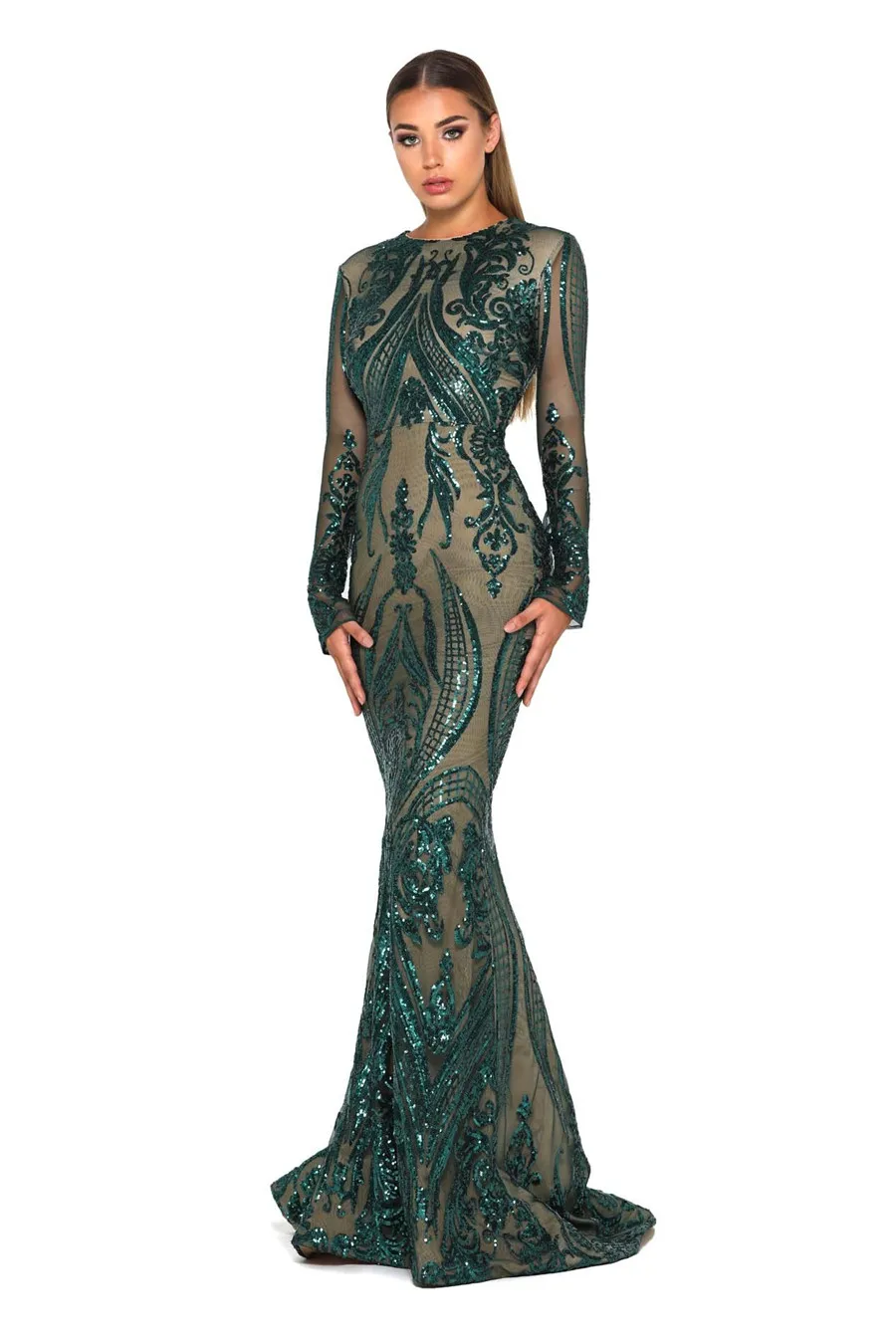 Emerald Green Prom Dress: Long Sleeve 2-Piece Gown Style 1705, Detachable Skirt, Saudi Arabia Paillette Evening Gowns image 5
