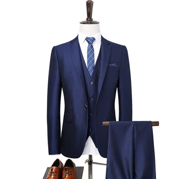 

Top Grade 2019 New Arrivals Workplace Stage Wear Men Business Suit Slim fit Classic Solid Man Banquet Suit Set 3 Pieces Blue 877