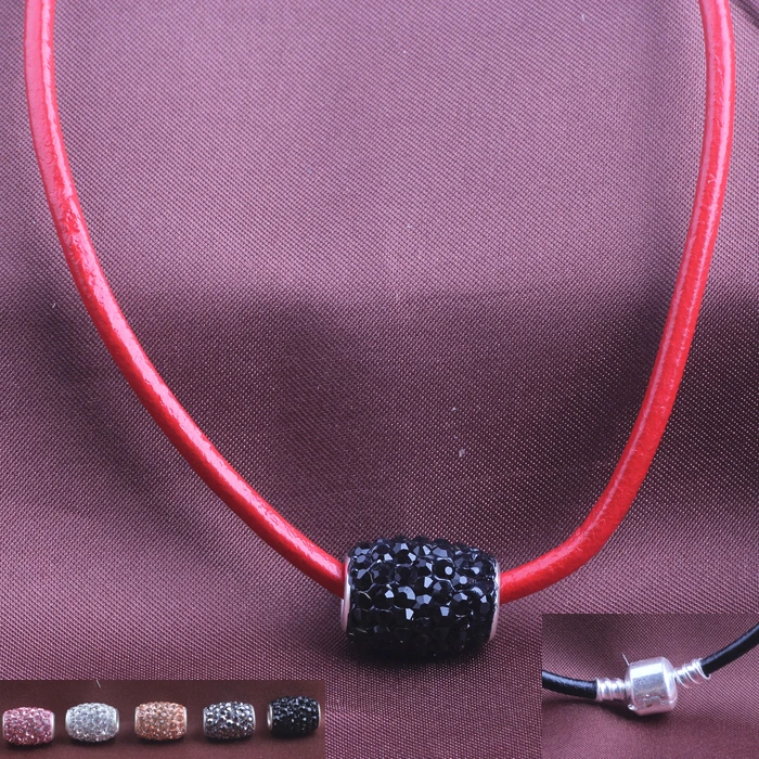 

Korean Designer Fashion Five colors crystal Charm Pendant Cow Leather Rope Necklace for women