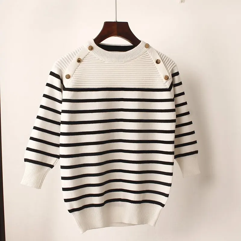 ONLYSVTER Fashion Striped Autumn Winter Pullover Women Sweater O-Neck Knitted Jumper Top Long Sleeves Female Sweater - Цвет: White Short Sleeves