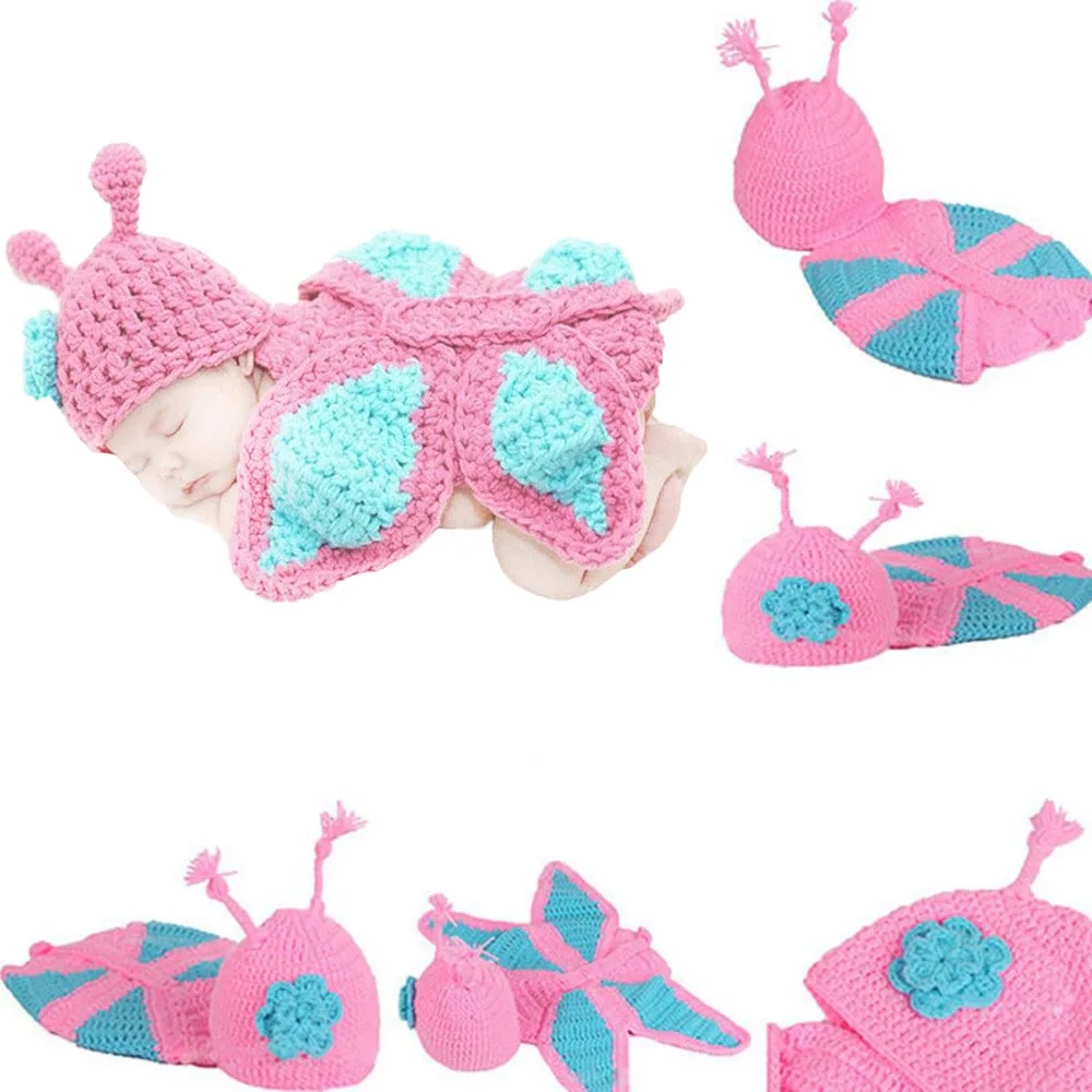 

1 Pcs Newborn Baby Girl Clothes Romper Butterfly Design Knit Photo Prop One Size Pink + Blue Outfits Suit for 0-24 Months Baby