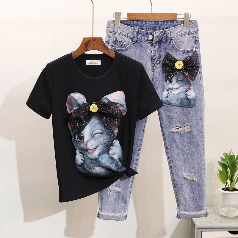 ALPHALMOD/Европейская и американская мода; Милая футболка с короткими рукавами и шипами с рисунком кота; аккуратные рваные джинсы; брюки; модная одежда