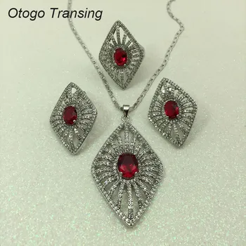 

Otogo Transing 2019 Party White Color Love Design Square Jewelry Set Women Fashion Red Crystal Ring Earrings Necklace Mark-S277