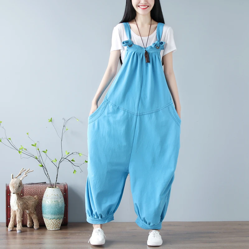 Women Baggy Jumpsuit Large Size Suspenders Drop Crotch Bloomers Cotton
