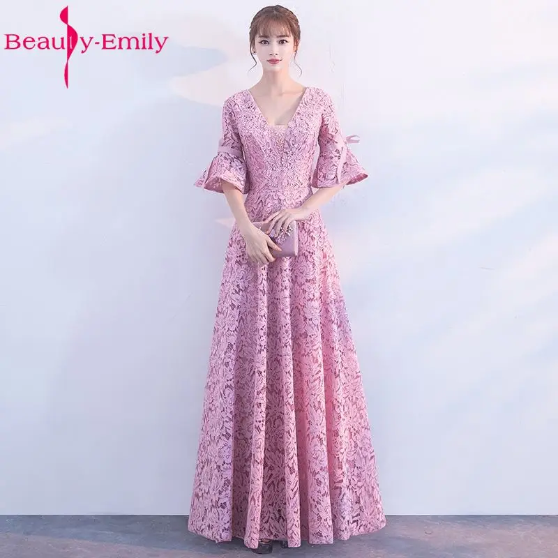 Красота-халат Emily De Soiree v-образным вырезом розовый длинное кружевное платье подружки невесты 2017 Elengant Вечерние платья изготовление на заказ;