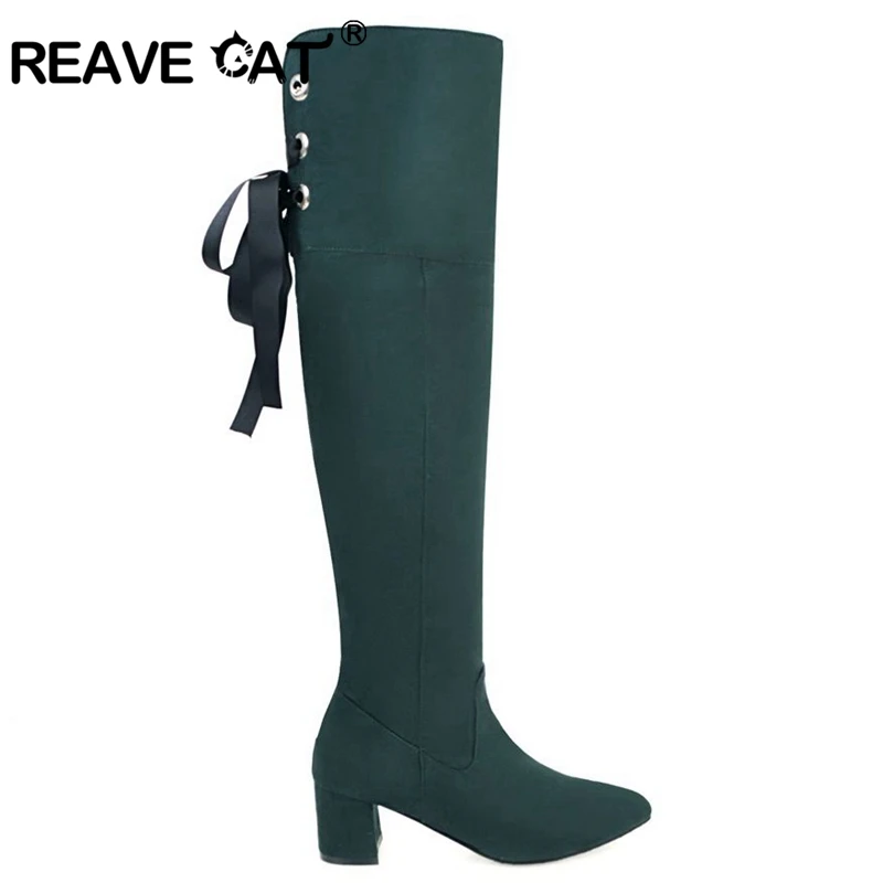 Reave Cat/Сапоги до колена сзади узел молния Для женщин сапоги на среднем каблуке из флока с острым носком модные, пикантные осень-зима одноцветное Большие размеры A112