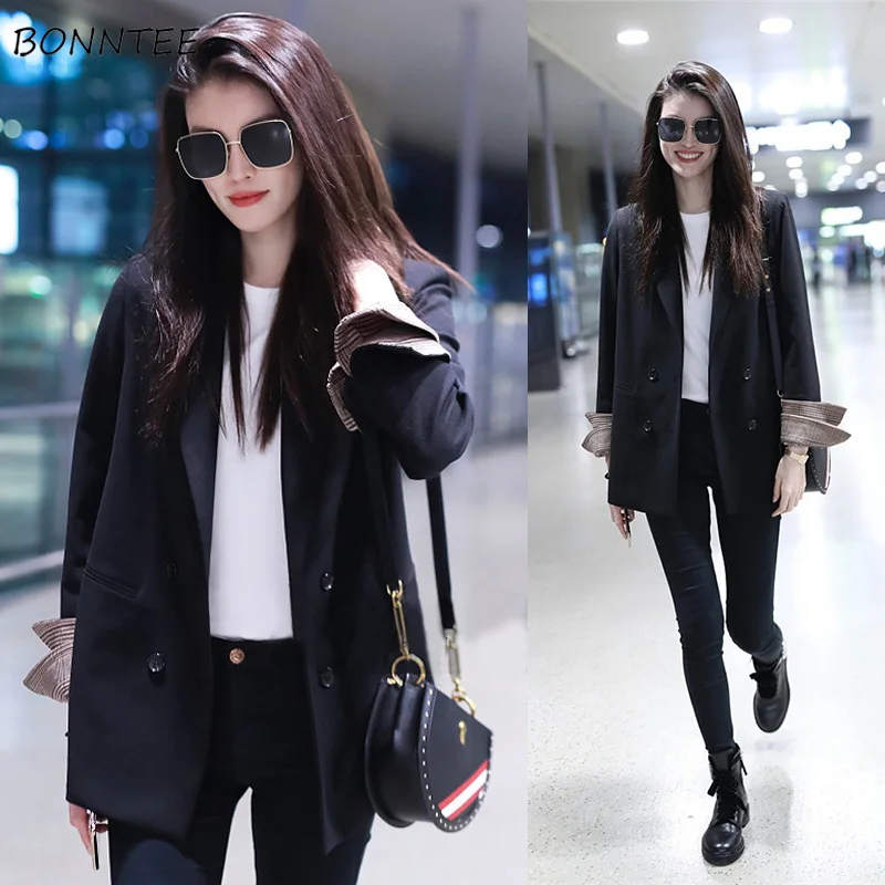 

Blazers Women Solid Slim All-match Korean Style High Quality Notched Leisure Female Trendy Double Breasted Long Sleeve Elegant