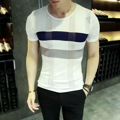 

Summer men's new round neck Korean version of the self-cultivation thin section ice silk sweater line openwork striped T-shirt