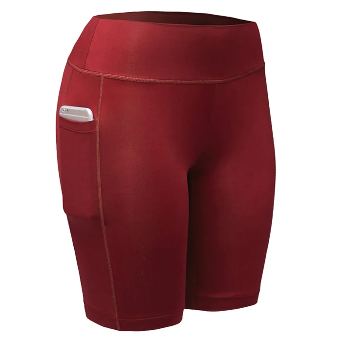 Besgo для женщин спортивные шорты с эластичным поясом сбоку с карманом Athleisure Йога упражнения шорты тонкий дышащий спандекс одежда - Цвет: Красный