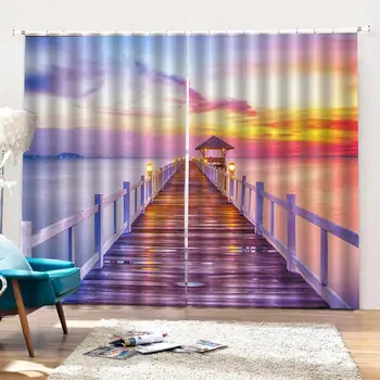 

2pcs Seaside Sunset Glow Bridge Waterproof Window Curtain Balcony Patio Decor Fashion