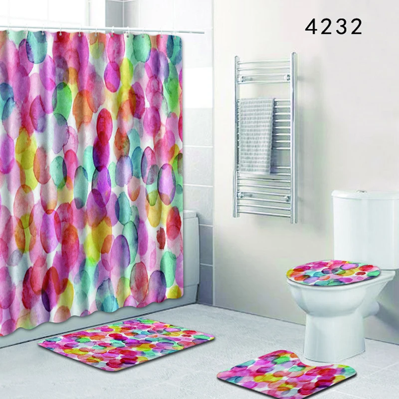 

HomeMiYN 2018 Bath Mat Watercolor Circle Endless Shower Curtain With 12 Hooks Waterproof 4pcs Anti Slip Bath Mat Rug Floor Pads