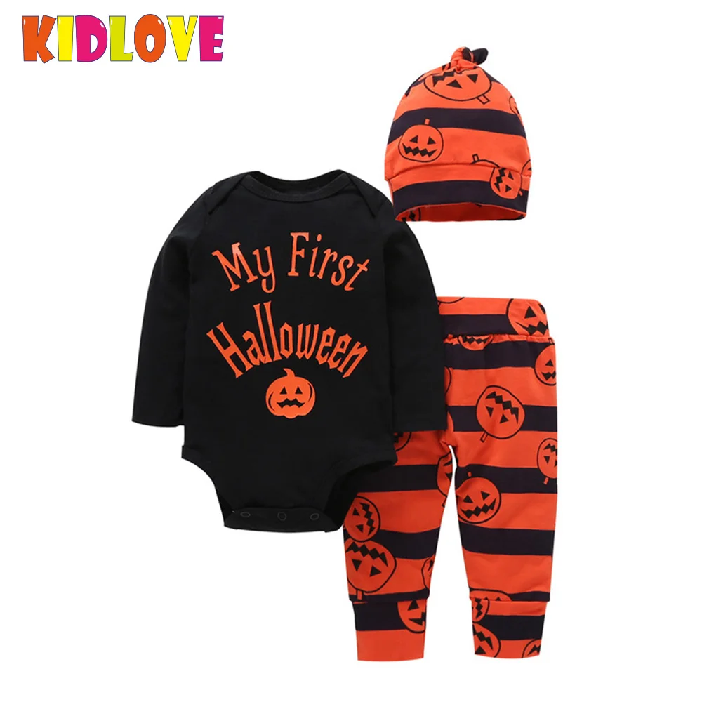 KIDLOVE Halloween Pumpkin Newborn Clothing Set Baby Letters Printed Rompers Pants Hat 3pcs/suit Outfits for Unisex ZK30 | Детская одежда